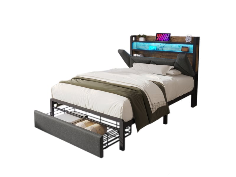  Lit avec tiroirs 90 × 200 cm 1 place, rangement, usb-c, led réglable et matelas inclus, tissu gris  - Conforama A
