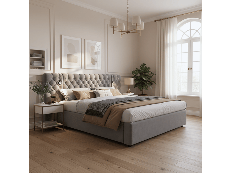  Lit coffre double 180 x 200 cm, coffre à relevage hydraulique, lampe de lecture, tête de lit large, sommier à lattes, pour la chambre, velours, gris ABC - Conforama B