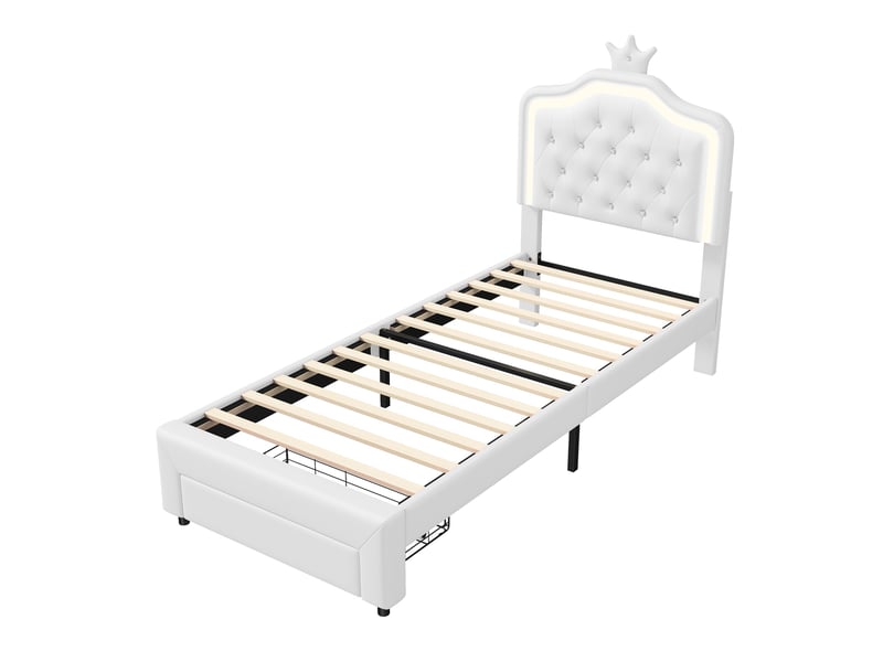  Lit simple 90x200 cm avec sommier, lit enfant avec tiroir et led, lit capitonné, tête de lit coquillage réglable, blanc  - Conforama A