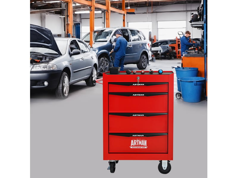 Armoire à outils mobile 60 x 33 x 77,5 cm rouge et noir, acier, 4 tiroirs à glissières à billes - Conforama B