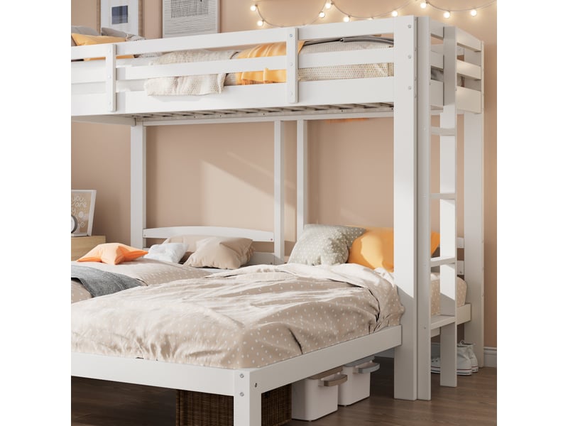 Lit superposé 3 places en bois massif, lit avec échelle latérale et rangement, 90x200 cm, sans matelas, blanc - Conforama E