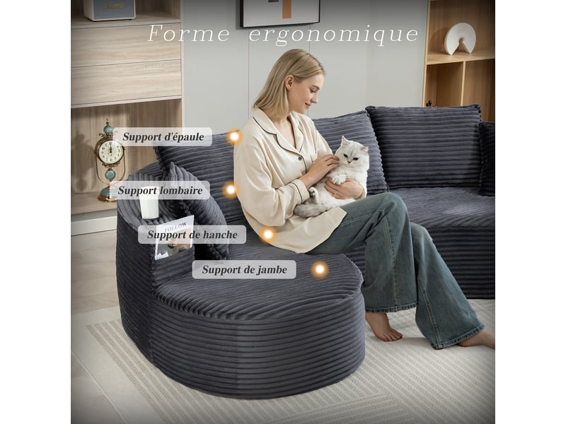  Canapé d’angle fixe 4 places en velours côtelé gris foncé 250 x 152 x 82 cm, porte-gobelets, poches, coussins 250x152x82cm - Conforama E