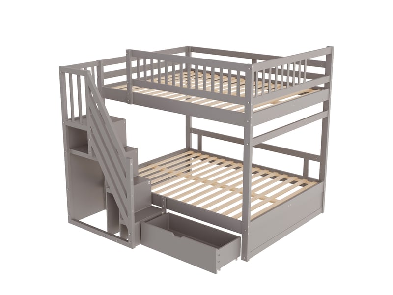  Lit superposé en bois massif 140*200cm, gris, échelle avec rangement, tiroirs et garde-corps élevé pour enfants  - Conforama A
