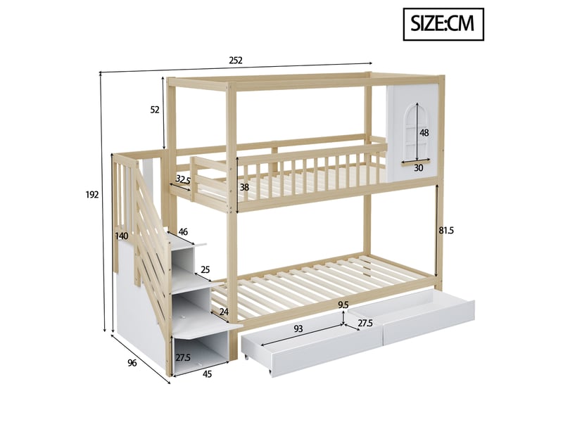 Lit superposé enfant 90 x 200 cm en forme de maison, avec rangements, échelle et barrières de sécurité, blanc et bois naturel - Conforama E