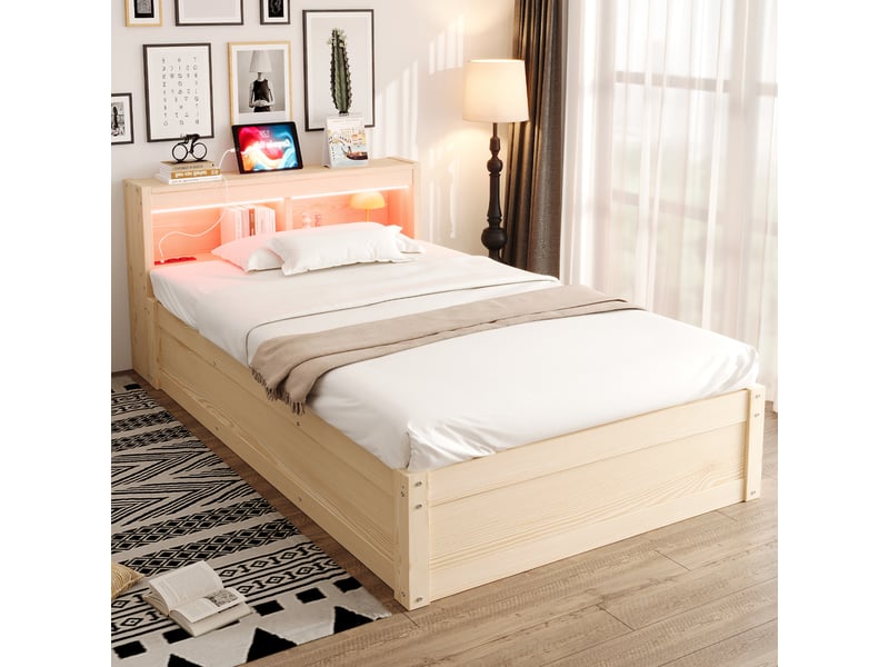  Canapé-lit 90x200 cm, lit enfant, couchage d'appoint, rangement hydraulique, led, bois, prise intégrée  - Conforama A