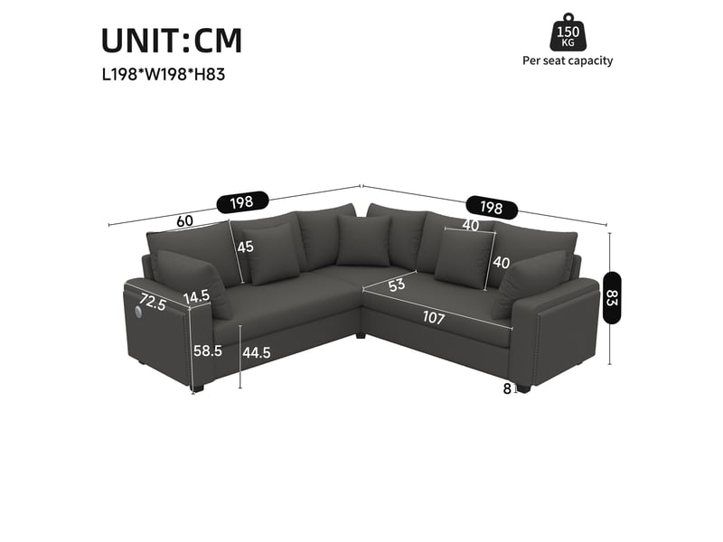  Canapé d'angle 5 places 198 × 198 cm, led, usb-ausb-c, velours côtelé gris IKSETERA TRADING LTD - Conforama C