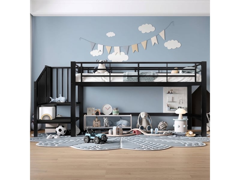  Lit mezzanine 90x200 lit enfant mi-hauteur avec escalier de rangement métal noir  - Conforama D