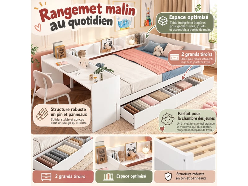 Lit combiné enfant 140 x 200 cm en bois avec bureau intégré, 2 tiroirs et 3 étagères de rangement, gain de place, blanc - Conforama D