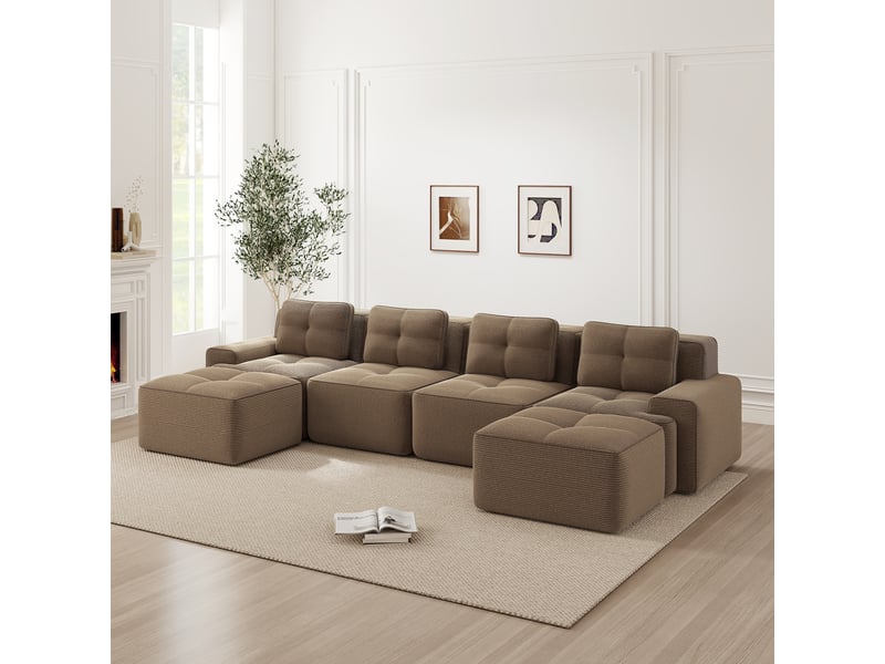  Canapé d'angle modulable 4 places en velours côtelé brun, design panoramique avec méridienne et coffre intégré, style contemporain  - Conforama B