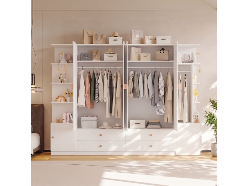  Grande armoire 6 portes, 270 x 45 x 200 cm, 4 penderies, 4 tiroirs et nombreux rangements, design moderne, blanc  - Conforama D
