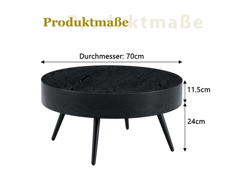  Table basse ronde 70 cm noire, mdf décor bois et pieds métalliques réglables  - Conforama C