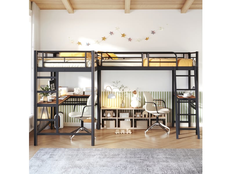  Lit mezzanine 90x200 cm, bureau intégré, double escalier, garde-corps haut, métal et mdf, noir sans matelas  - Conforama D