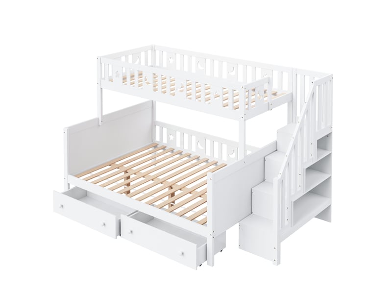  Lit superposé 90 x 200 et 140 x 200 cm, couchages superposés, escalier, tiroirs de rangement, sommier à lattes, pour la chambre, bois massif, blanc ABC - Conforama A