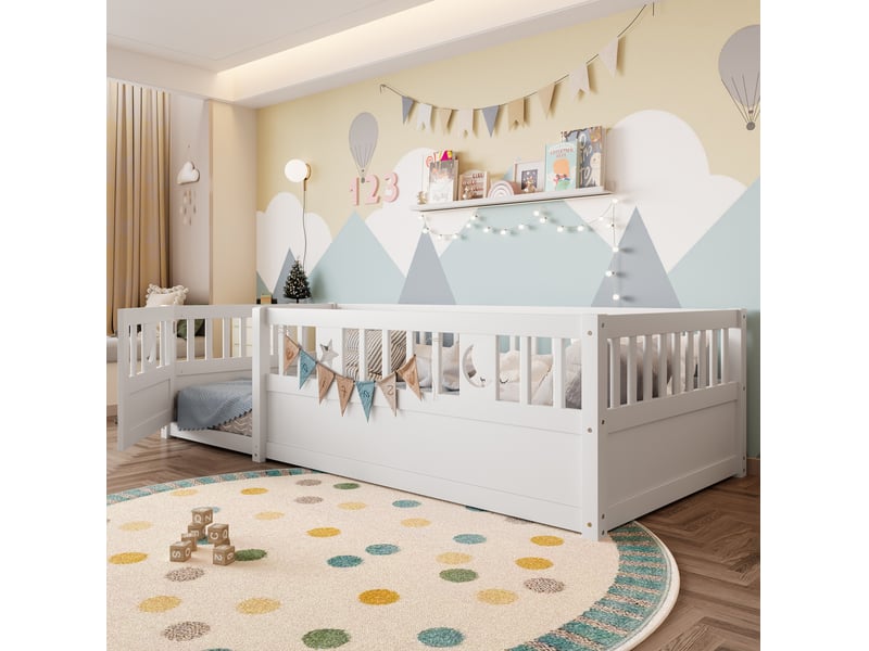  Lit enfant 90 x 190 cm barrière 48 cm avec serrure anti-chute décor étoiles lune montage facile pin blanc sans matelas  - Conforama R