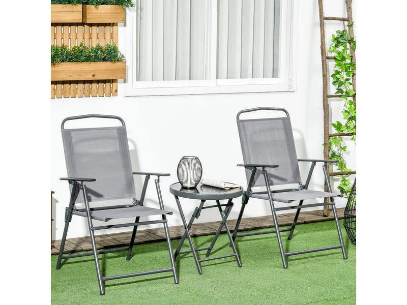  Ensemble de jardin 3 pièces comprenant 2 chaises (53,5 x 64 x 93 cm) et une table basse (ø 45 x 50 cm), en métal gris clair.  - Conforama D