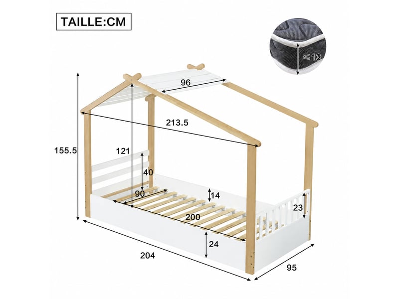  Lit cabane, lit simple en bois avec toit maison et lattes, 90x200 cm, sans matelas, blanc et naturel  - Conforama D