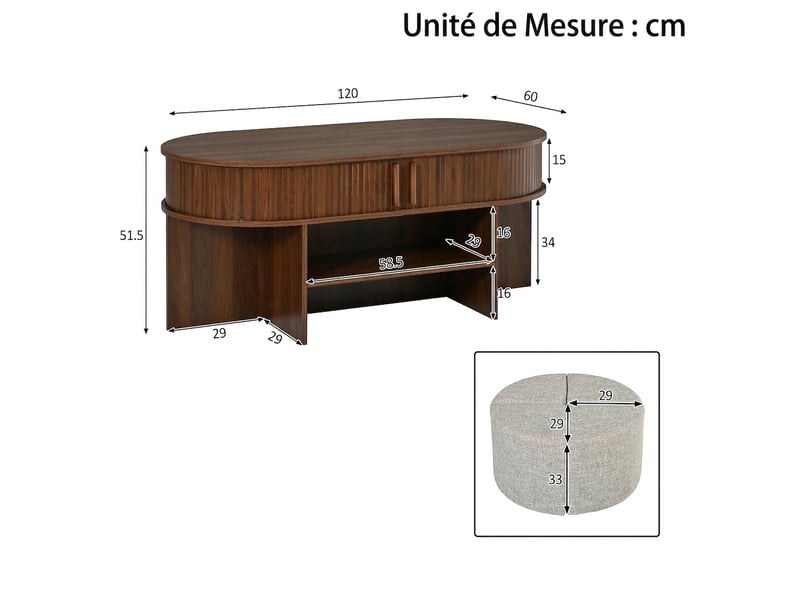  Table basse ovale avec poufs 120cm noyer - rangement et portes coulissantes  - Conforama E