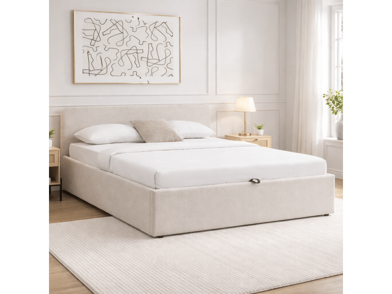 Lit coffre 140x190 cm avec tête de lit en tissu beige chiné - lior  - Conforama B