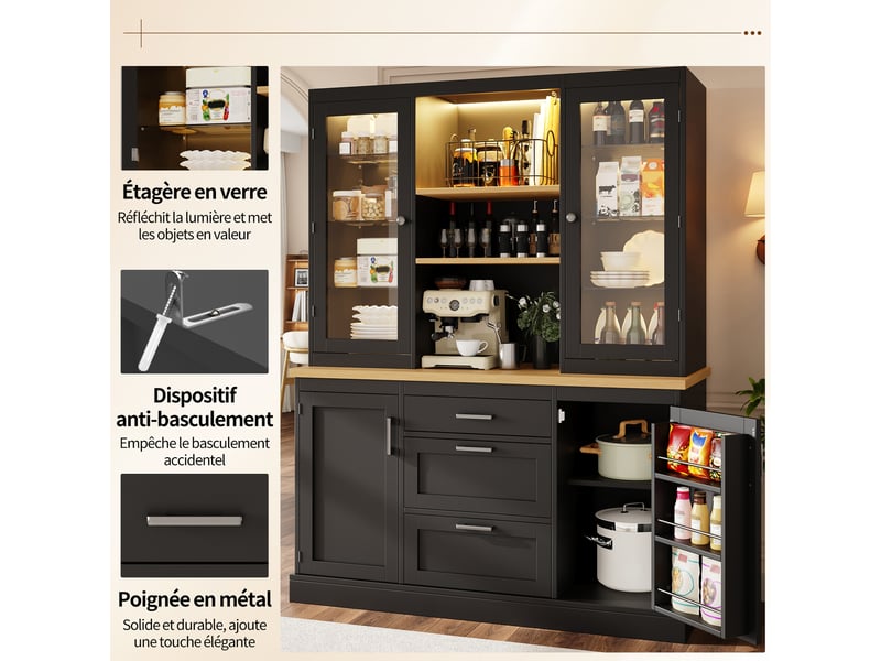 Buffet de cuisine moderne 140x40x185 cm, armoire de rangement avec led, 3 tiroirs et 4 portes, plan de travail, mdf noir  - Conforama W
