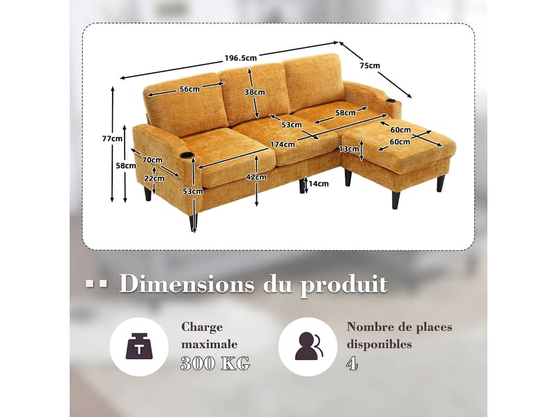  Canapé 4 places avec pouf en chenille douce 196,5 cm - rangement et porte-gobelets  - Conforama C
