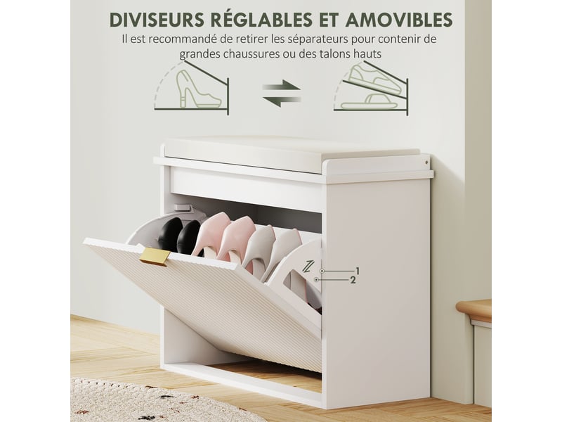  Banc à chaussures avec coussin d'assise rembourré et tiroir rabattable pour couloir, chambre, blanc, 62 x 26 x 47,5 cm  - Conforama R