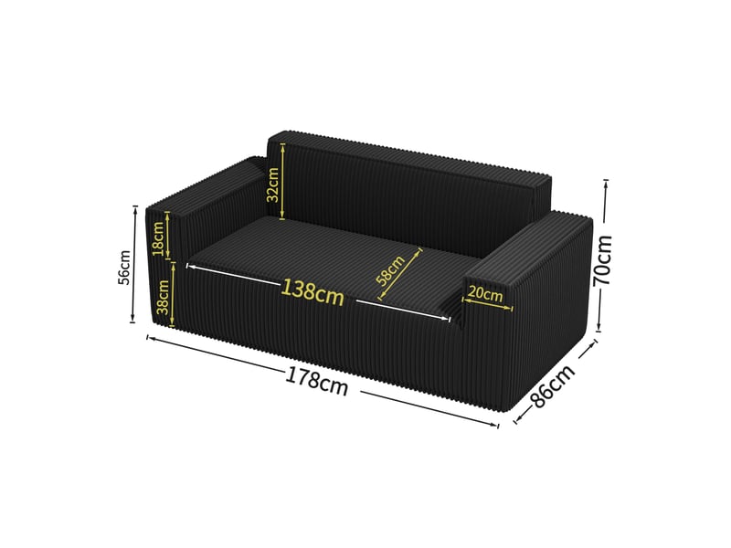 Canapé 2 places en velours côtelé noir 178x86x70 cm – assise profonde – sans installation - Conforama C