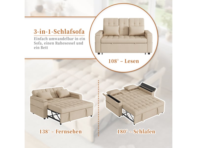  Canapé-lit 2 places beige convertible avec rangement, dossier réglable, accoudoirs avec rangements et coussins  - Conforama D