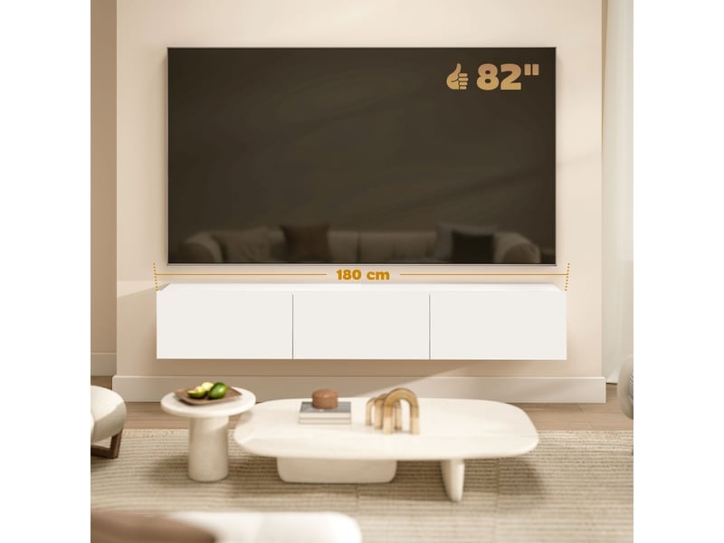  Meuble tv suspendu mural blanc – 180 cm – 3 rangements abattants – panneau de particules  - Conforama B
