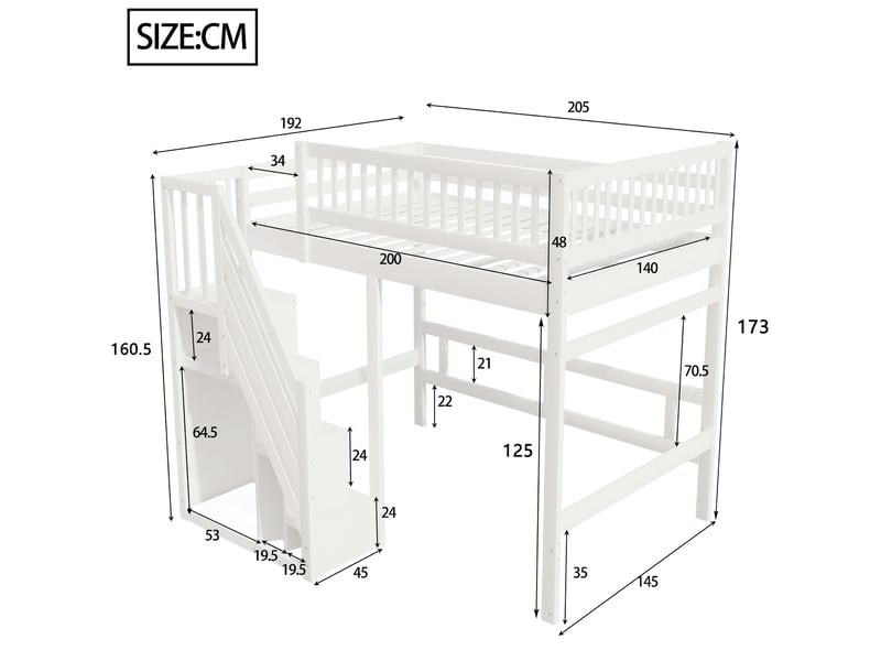  Lit mezzanine enfant 140 x 200 cm blanc avec escalier de rangement  - Conforama E