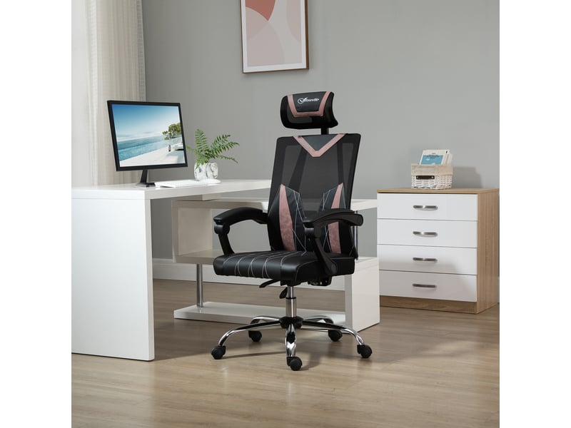  Chaise de bureau ergonomique en maille, avec roulettes, soutien lombaire et cervical, hauteur réglable et inclinable, 58 x 62,5 x 112-120 cm, rose  - Conforama C