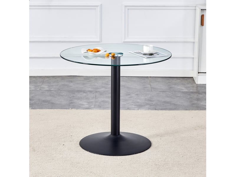  Table ronde 85 cm en verre transparent et métal noir, hauteur 76 cm  - Conforama E