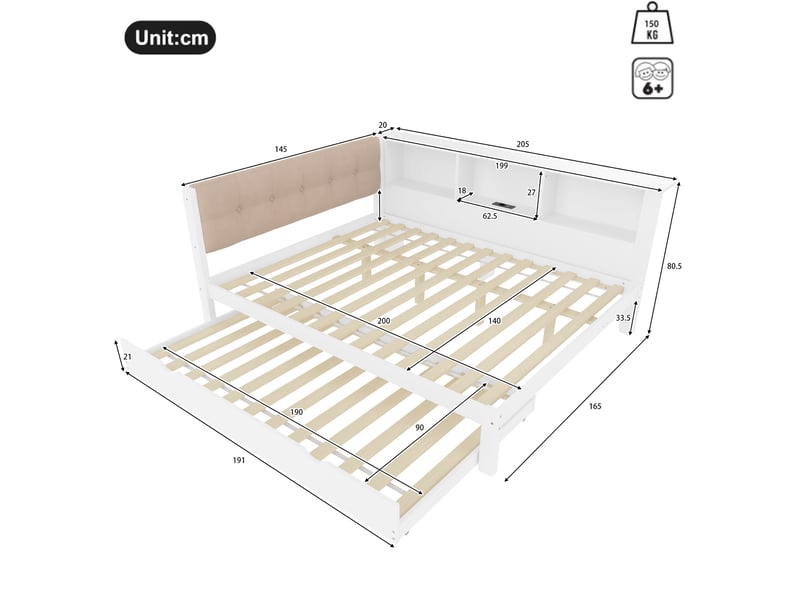  Lit gigogne 140x200 cm avec étagères, led et usb en bois de pin blanc  - Conforama E