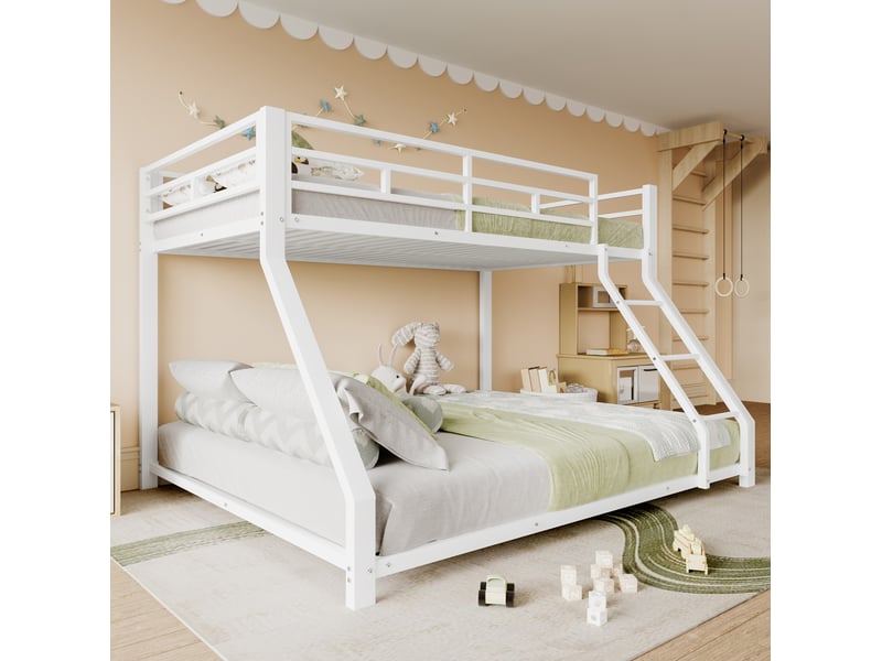  Lit superposé 90x200 cm 140x200 cm avec escalier et garde-corps métal blanc sans matelas  - Conforama E