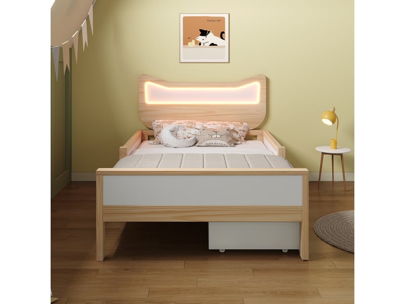 Lit simple 90x200 cm avec éclairage led rgb et rangement, bois, blanc et chêne - Conforama E