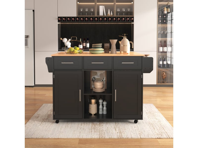  Chariot de service noir 139x46(71)x91,5 cm, plateau bois massif rabattable, porte, roulettes, pieds amovibles - cuisine  - Conforama B