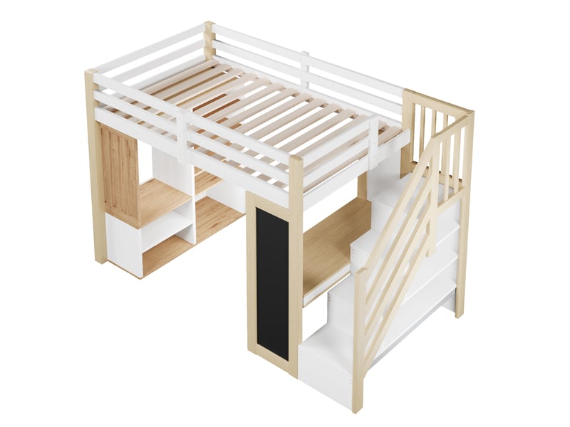 Lit mezzanine 90x200 avec bureau, étagères, armoire, échelle de rangement, tableau noir et éclairage led, blanc et naturel - Conforama E