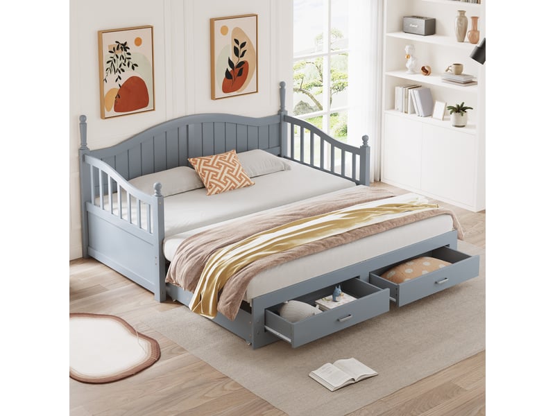 Canapé-lit en bois massif gris 90180x190 cm avec lit gigogne, dossier courbé et 2 tiroirs  - Conforama C