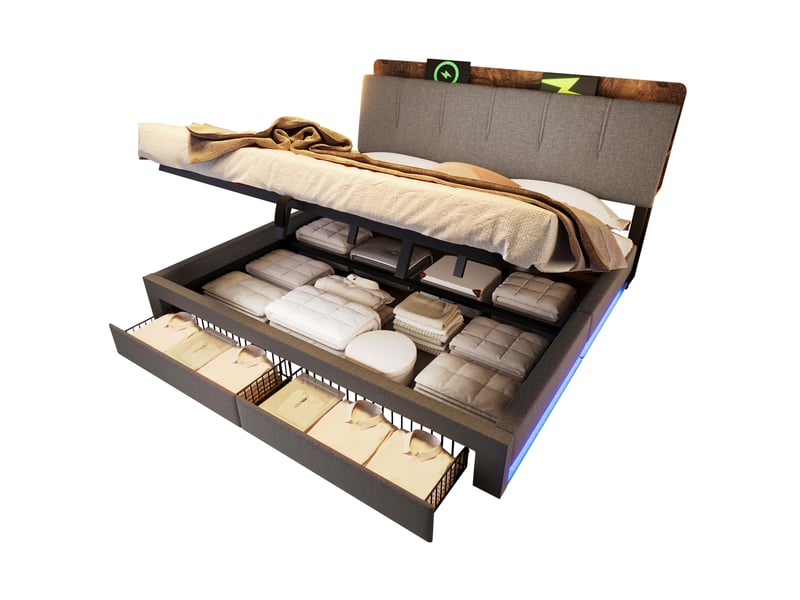 Lit coffre 180x200 cm en lin gris avec led, usb et usb-c - Conforama A