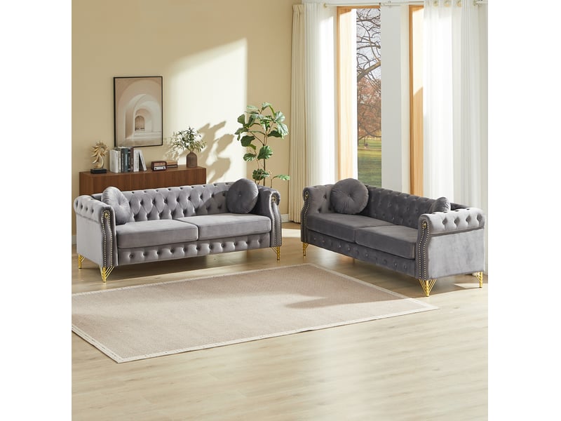 Canapé 3+3 places en velours gris avec pieds en métal dorés - Conforama B