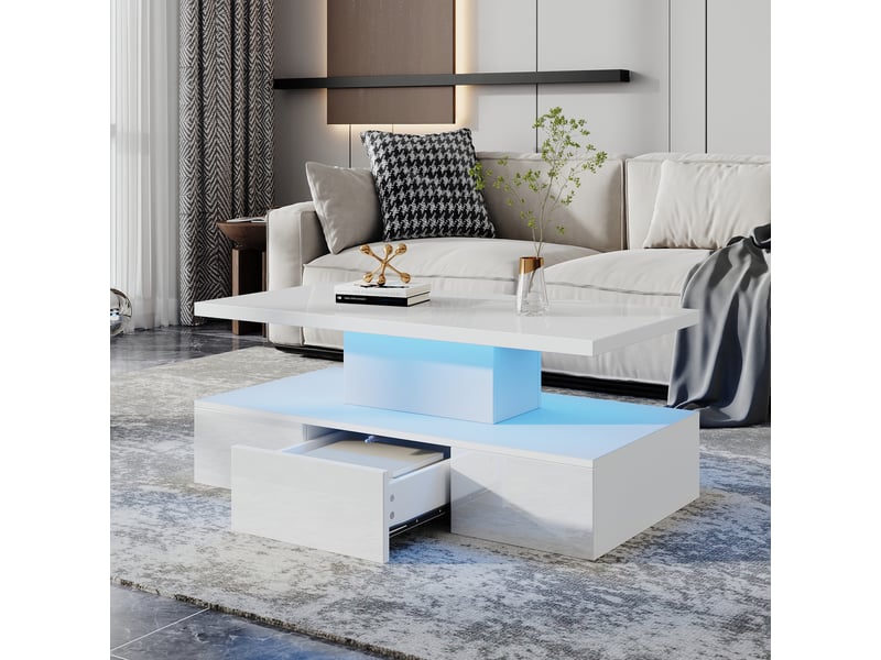  Table basse blanche led 100x50 cm, table de salon brillante avec tiroir et étagère ouverte, contrôle app  - Conforama W