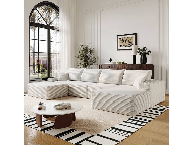  Canapé d’angle modulable 340 x 175 x 83 cm 4 places avec pouf, méridienne en l, assise profonde, sans montage, canapé compressé, blanc Bliss Lite - Conforama D