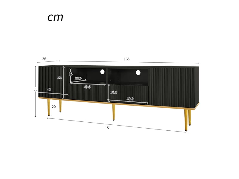  Meuble tv moderne avec pieds dorés et bordure dorée, ouverture sans poignée, noir et or  - Conforama C