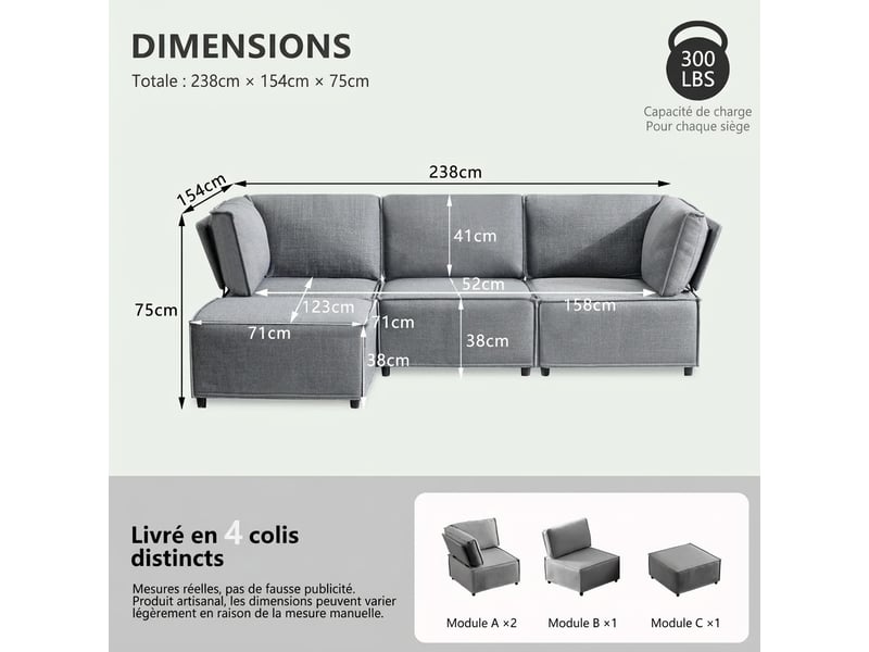  Canapé modulable gris clair 4 places - convertible en lit - tissu lin respirant - design minimaliste  - Conforama C