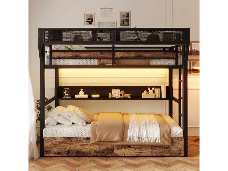 Lit superposé enfant 90x200 cm en métal avec étagère, panier de rangement, 2 tiroirs, led, barrière de sécurité et rangement intégré - noir - Conforama B
