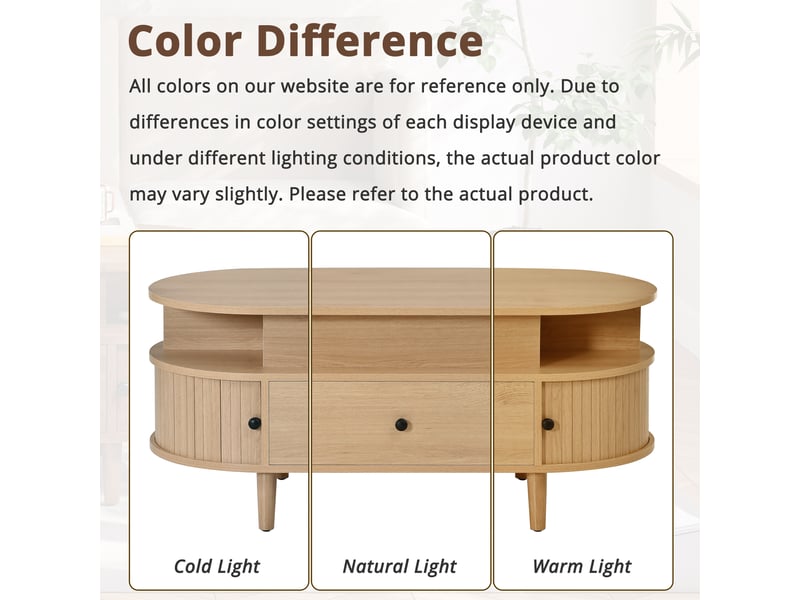  Table basse relevable ovale avec tiroir, 2 portes coulissantes et 2 niches pour salon en mdf 105×50×60,5 cm naturelle  - Conforama E