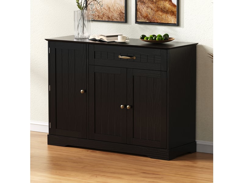  Buffet meuble de rangement 107x40x84 cm avec 3 portes 1 tiroir, mdf noir, socle courbé, style minimaliste moderne  - Conforama E