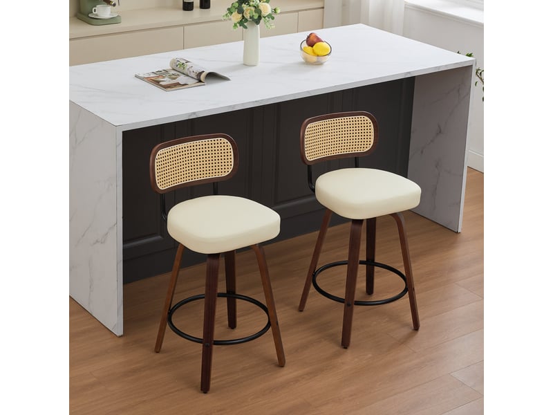  Lot de 2 tabourets de bar pivotants 360° assise rembourrée beige dossier cannage noyer  - Conforama D