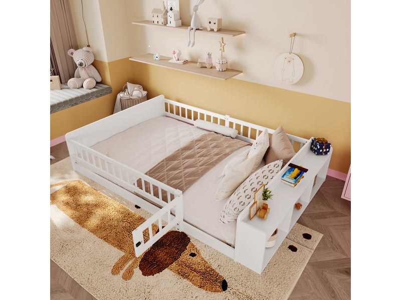  Lit enfant 140x200 cm pin massif blanc avec étagères et rangements sans matelas  - Conforama E