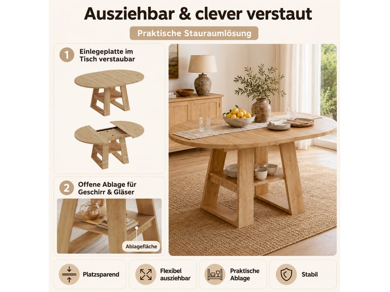  Table extensible ronde en mdf bois clair, 4 à 6 places, 110150 × 110 cm, rangement intégré, style scandinave  - Conforama D