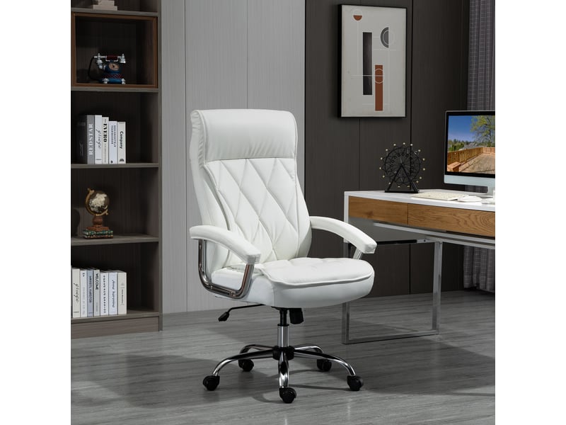  Chaise de bureau ergonomique, réglable en hauteur, pivotante et à bascule, motif losanges, similicuir, chaise de direction rembourrée, blanche  - Conforama C